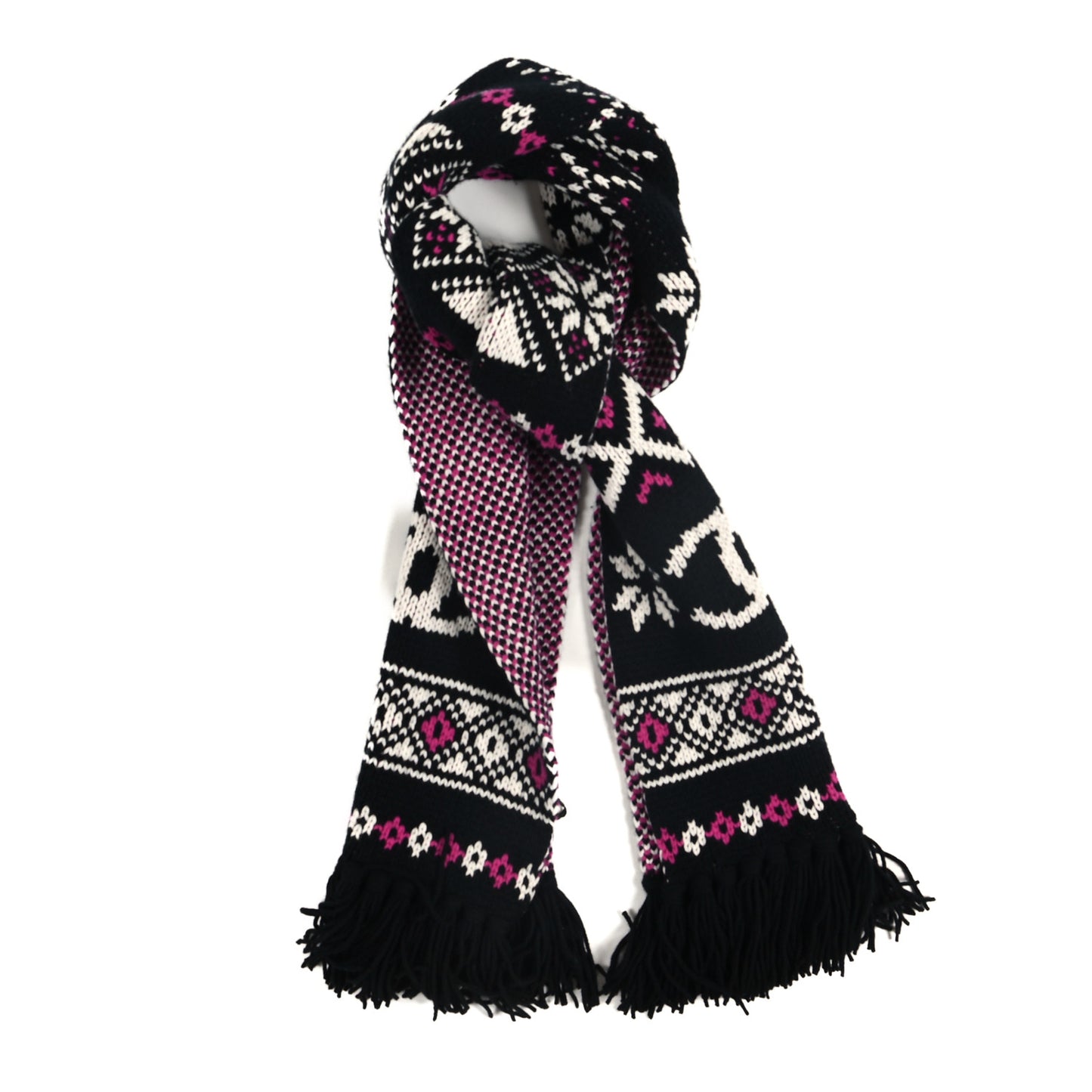 Cashmere Edelweiss CC Fringe Scarf Black White Pink