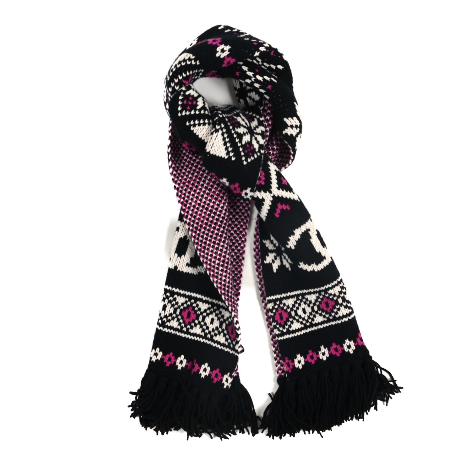 Chanel Cashmere Edelweiss CC Fringe Scarf Black White Pink 1 of 3