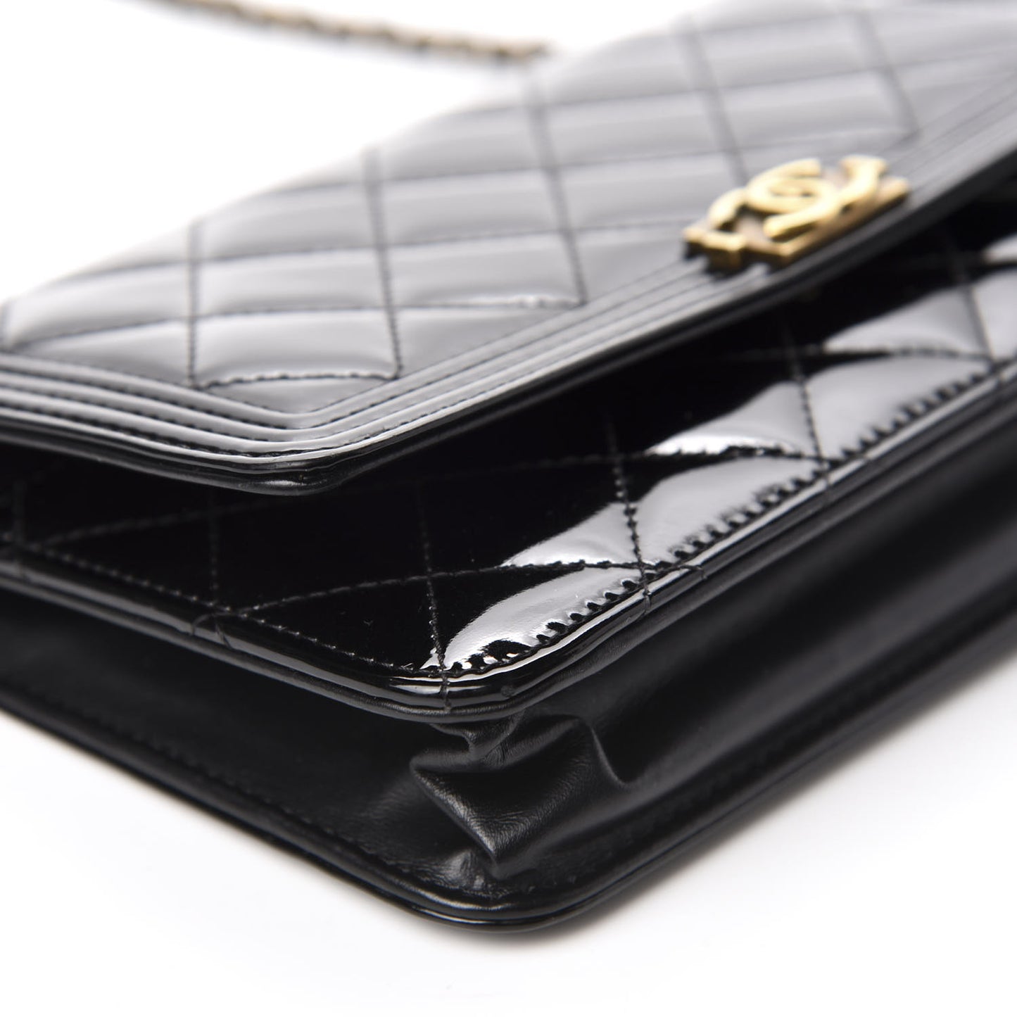 Patent Calfskin Quilted Boy Wallet On Chain WOC Black