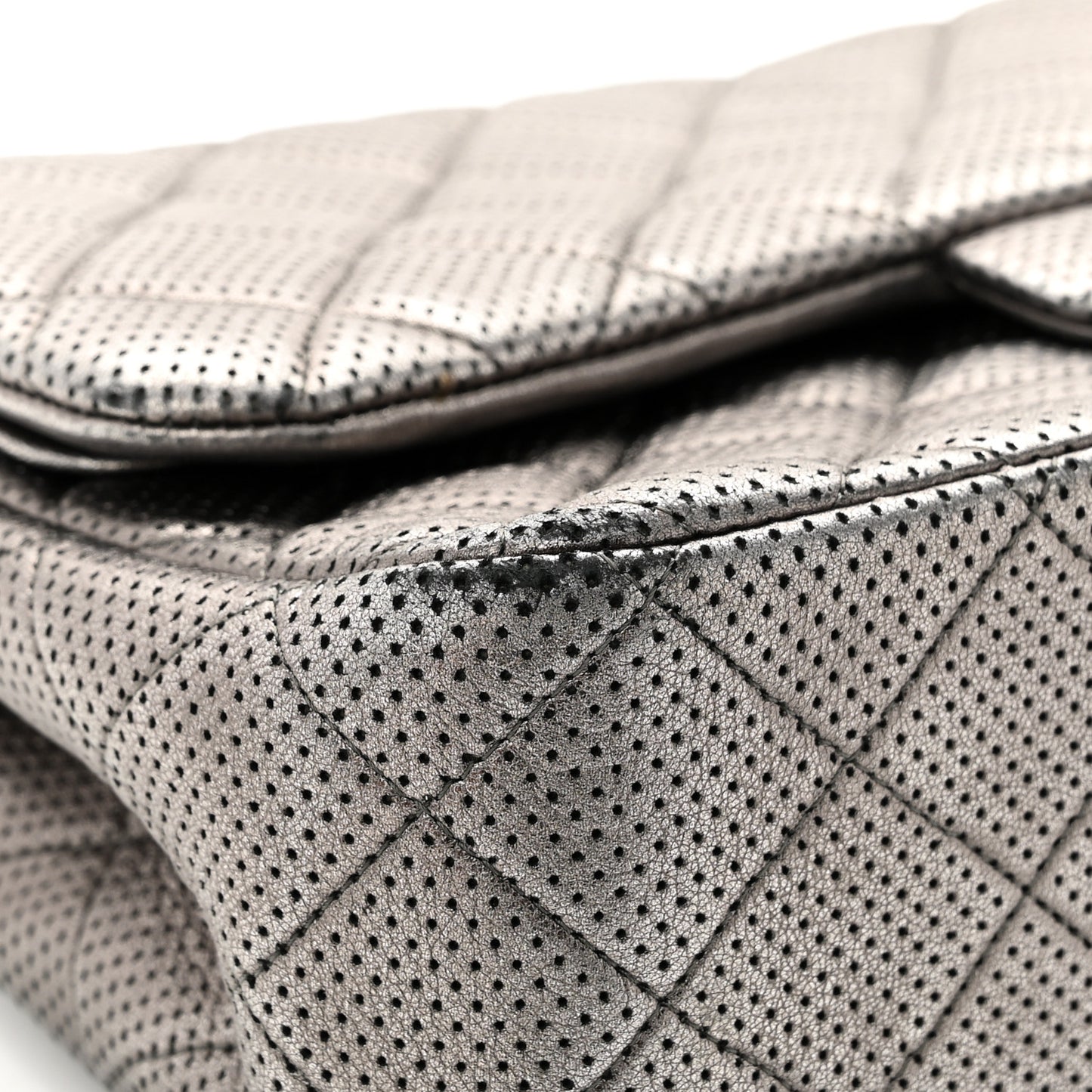 Metallic Perforated Lambskin Quilted Jumbo Double Flap Dark Silver
