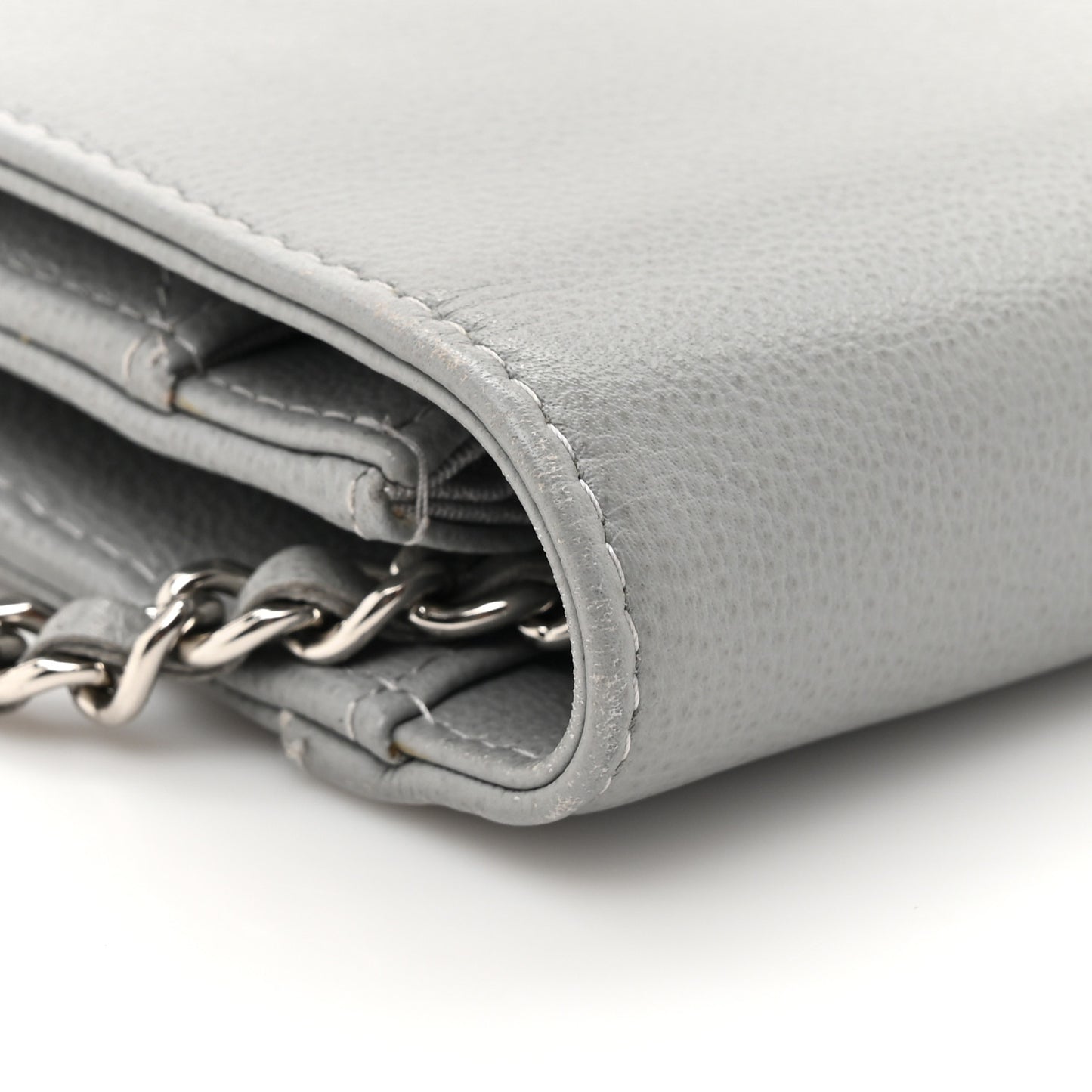 Grained Calfskin Quilted CC Box Wallet On Chain WOC Grey