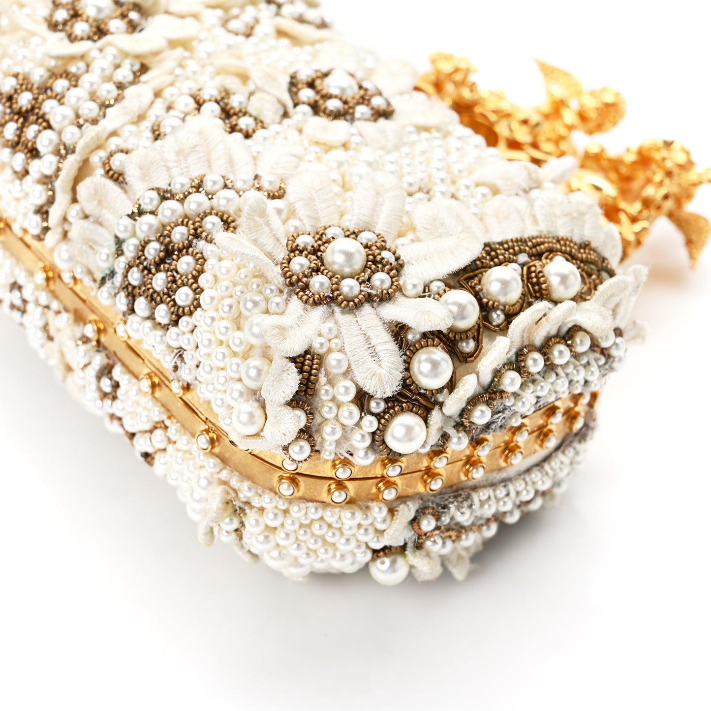 Embroidered Pearl Angel Knuckle Box Clutch Ivory Gold