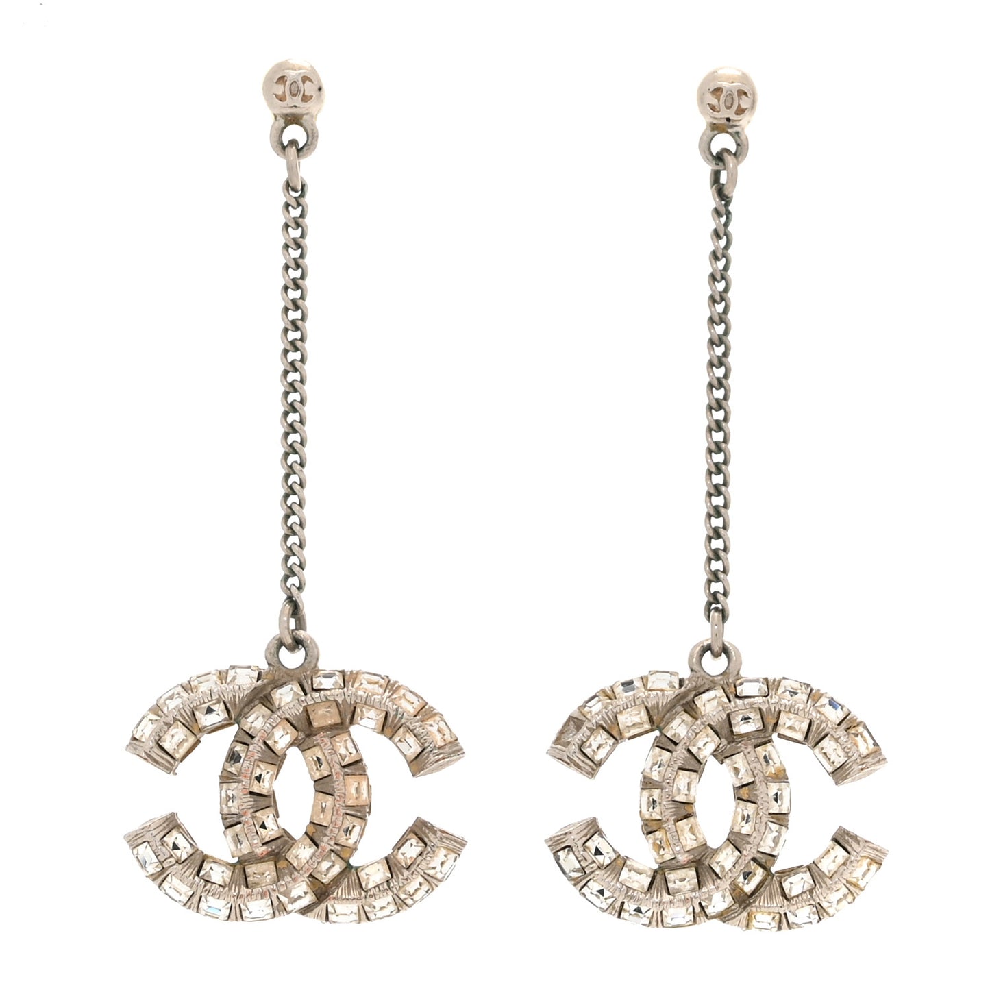 Baguette Crystal CC Drop Earrings Silver