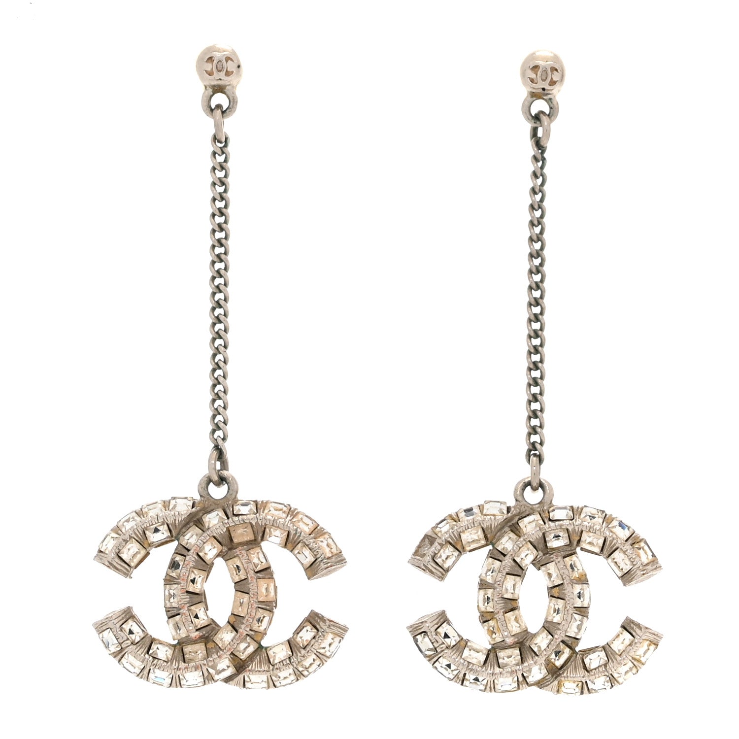 Chanel Baguette Crystal CC Drop Earrings Silver 1 of 5