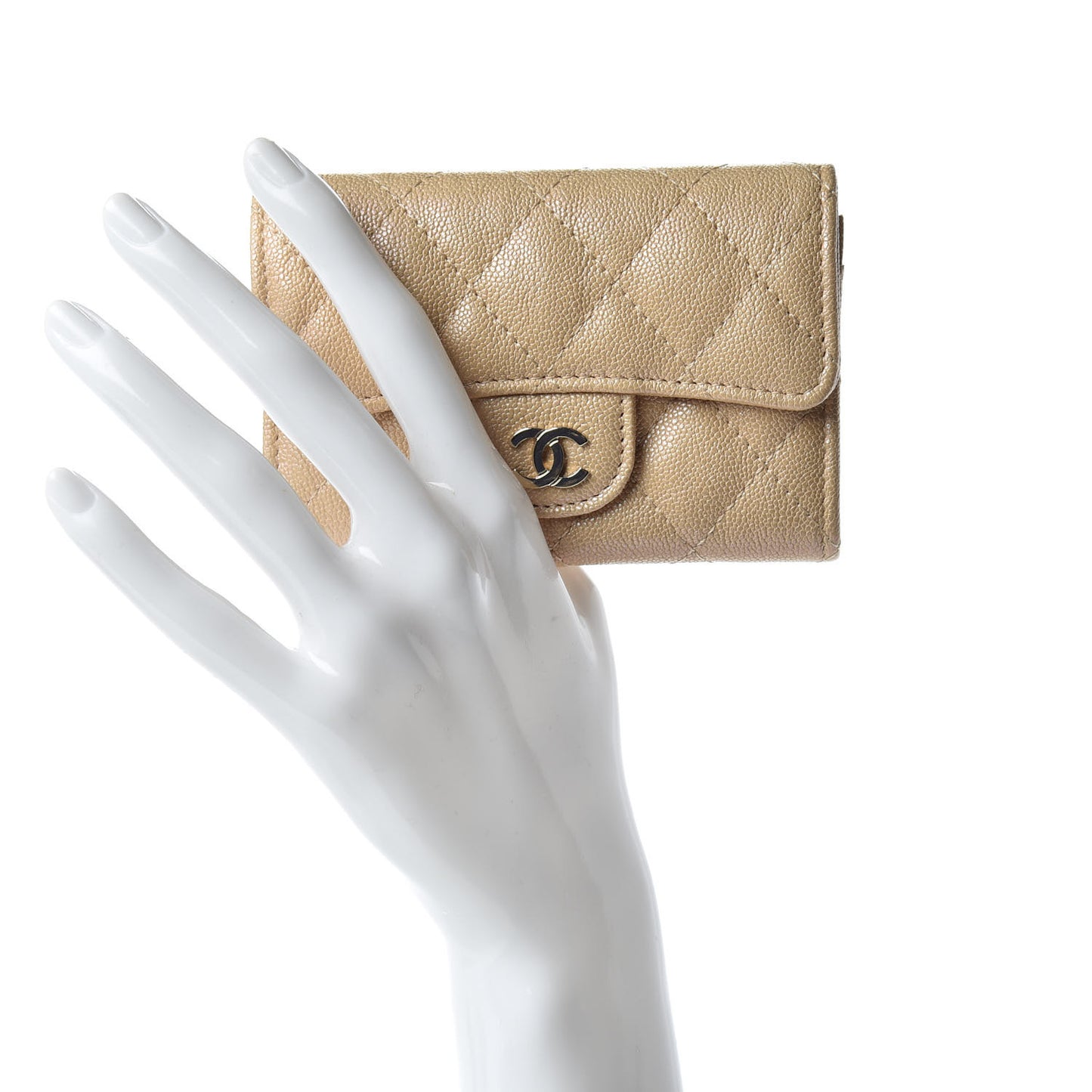 Iridescent Caviar Quilted Flap Card Holder Beige