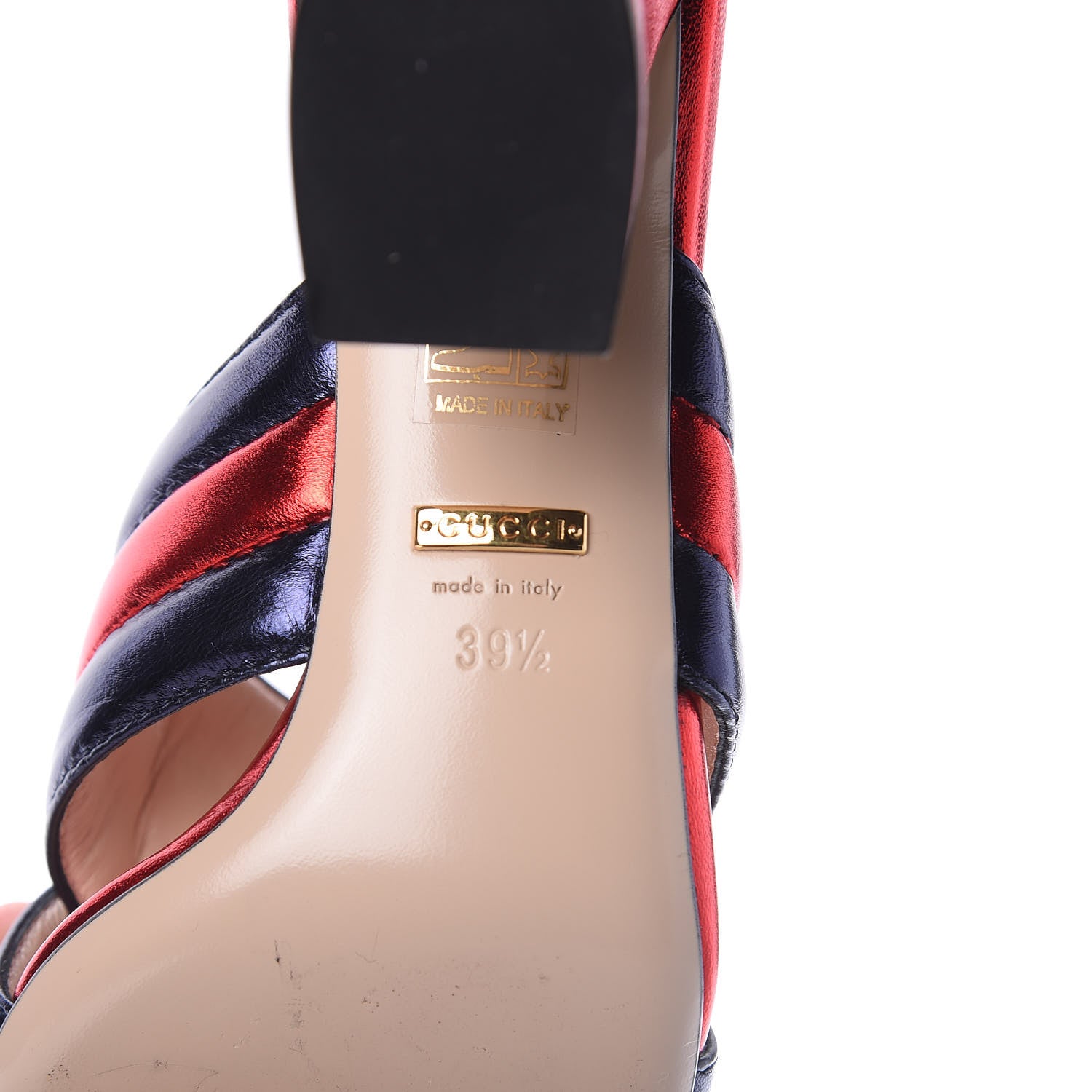 Gucci Metallic Nappa Crossover Mid Heel Slide Sandals 39.5 Blue Flame Red 8 of 9