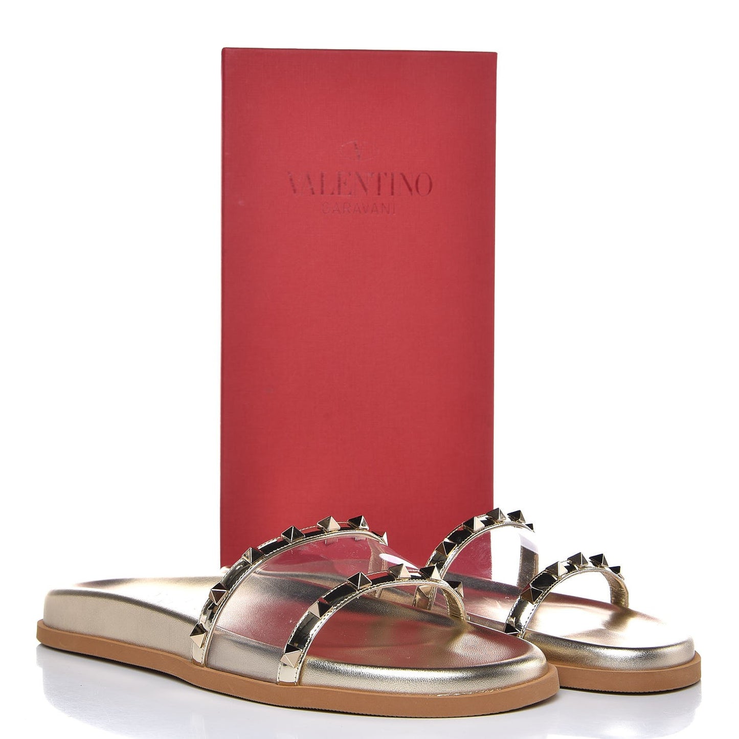 PVC Metallic Nappa Rockstud Moonwalk Flat Slide Sandals 40.5 Platino Transparent