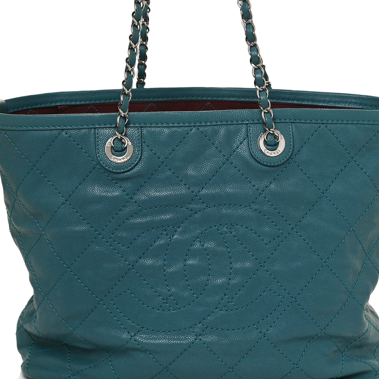 Grained Calfskin Quilted Small Daily Shopping Tote Turquoise