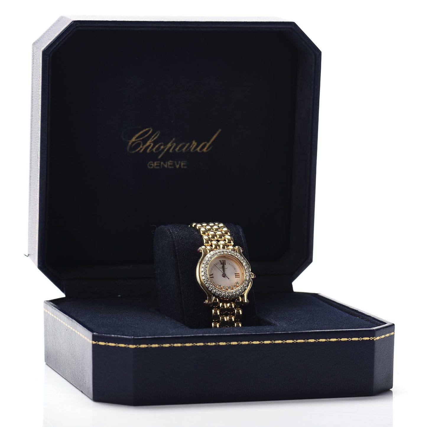 18K Yellow Gold Diamond Pave Bezel 26mm Happy Sport Quartz Watch