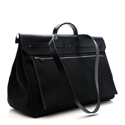 Hermes Military Toile Vache Hunter Herbag Zip Retourne Cabine Bag Black Bleu Marine 4 of 12