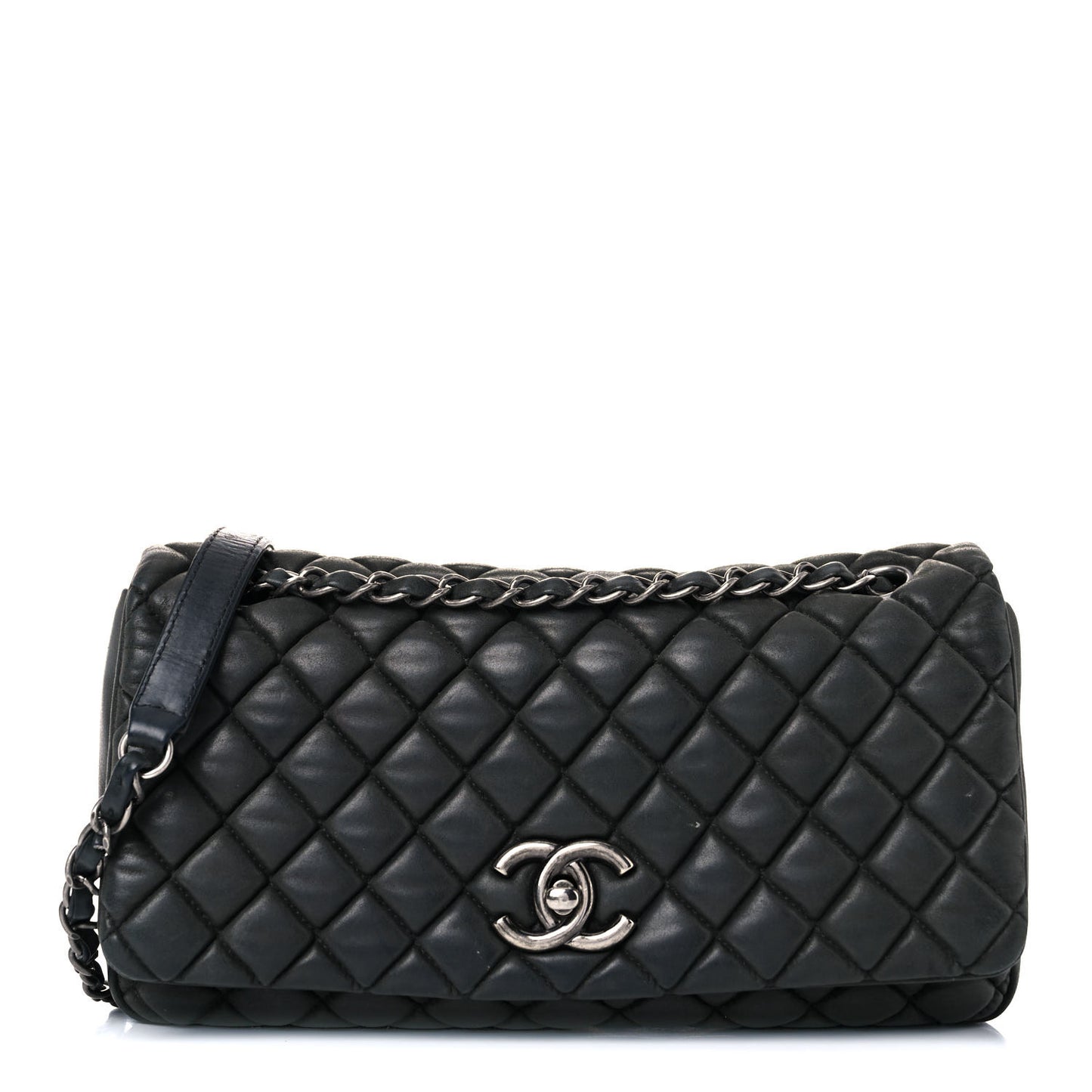 Iridescent Calfskin Quilted Small New Bubble Flap Anthracite