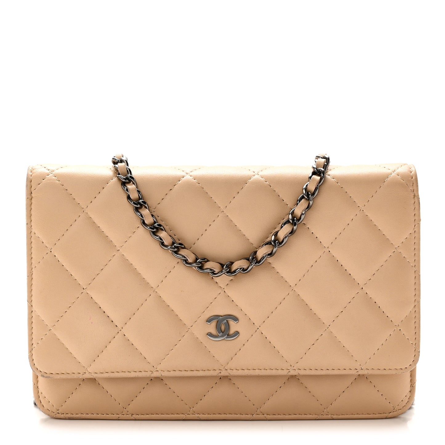 Lambskin Quilted Wallet On Chain WOC Beige