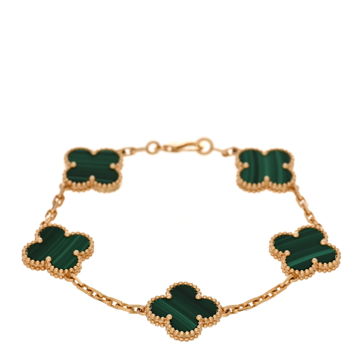 18K Yellow Gold Malachite 5 Motifs Vintage Alhambra Bracelet