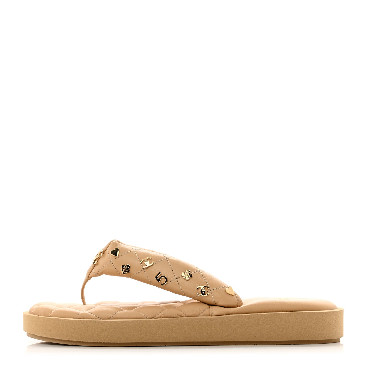 Lambskin Quilted Padded Charms Thong Sandals 38 Beige