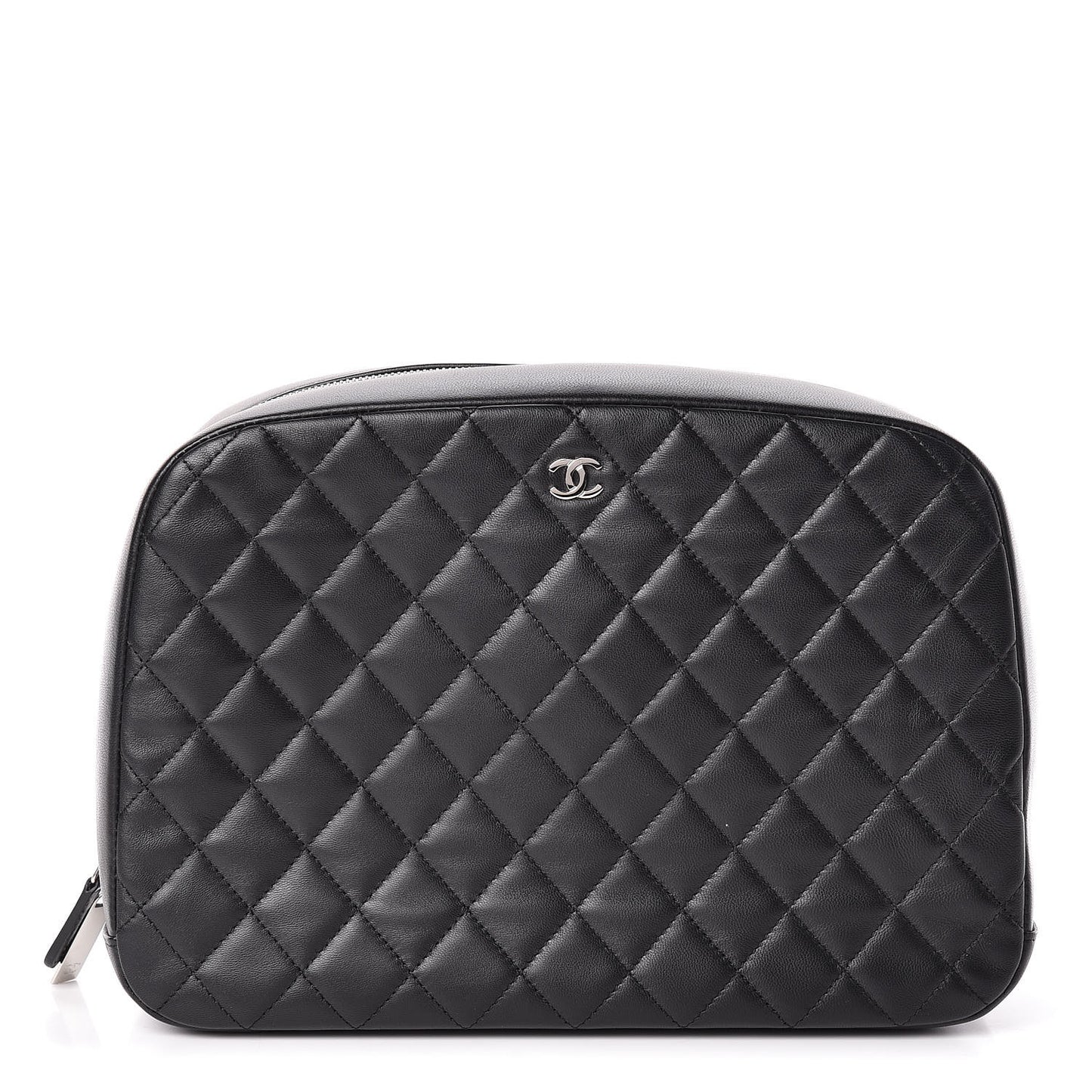 Lambskin Quilted Large Curvy Pouch Cosmetic Case Black