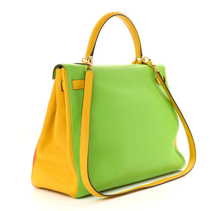 Hermes Taurillon Clemence Tri-Color Kelly Retourne 35 Orange Vert Cru Jaune 3 of 15