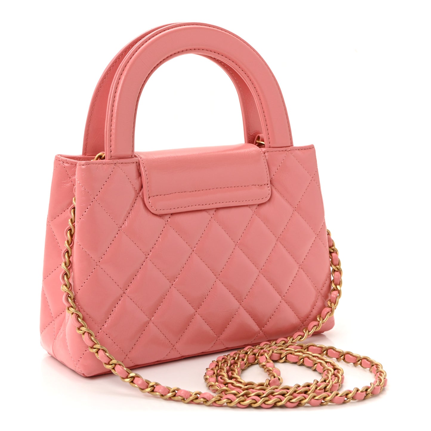 Shiny Aged Calfskin Quilted Nano Kelly Shopper Coral Pink