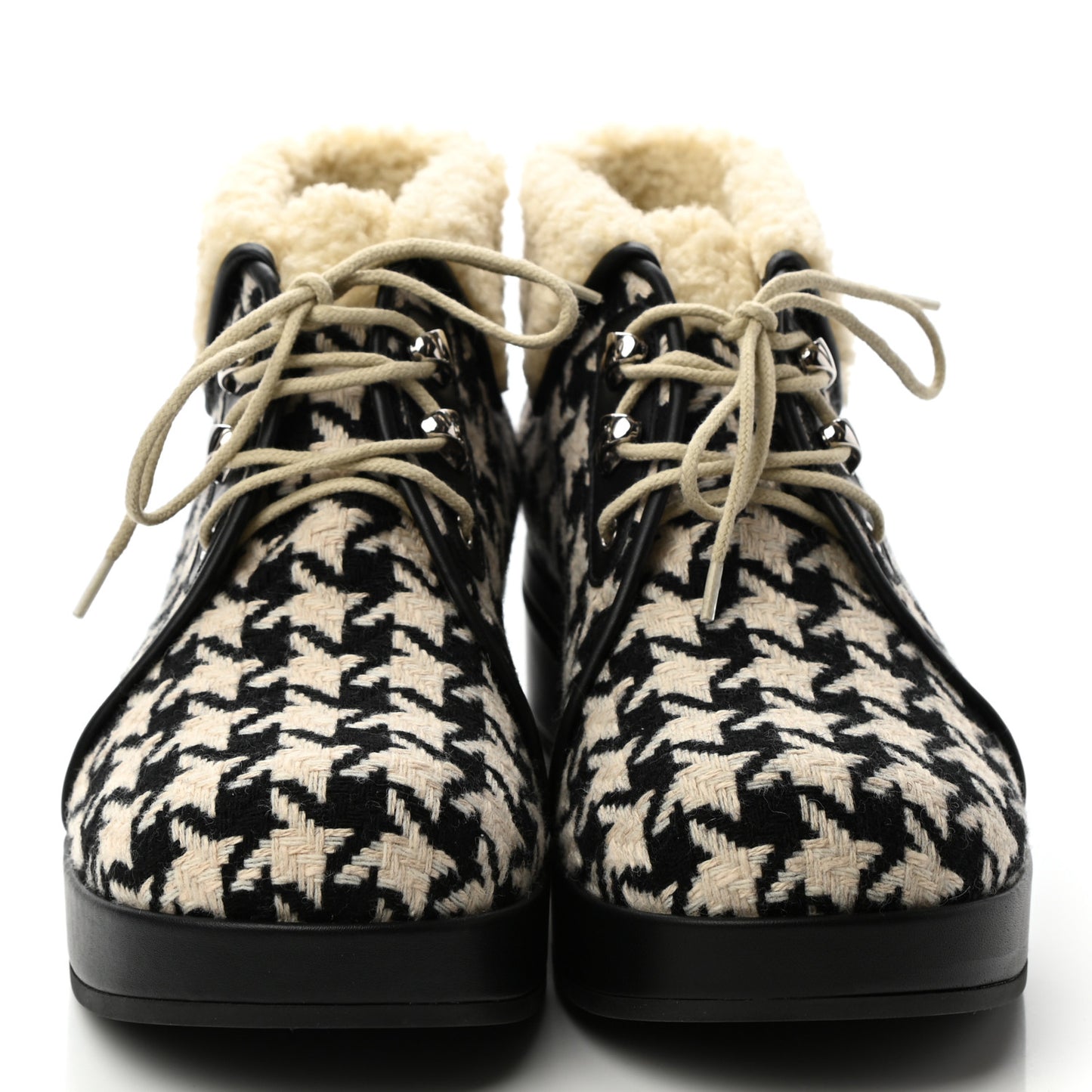 Optical Tweed Faux Shearling Houndstooth Victor Lace Up Ankle Boots 38.5 White Black