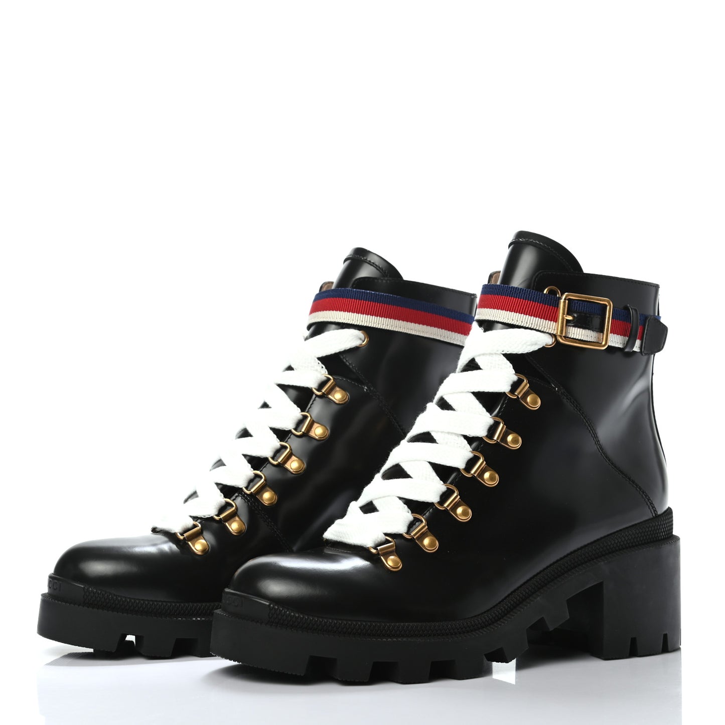 Calfskin Sylvie Web Lace Up Combat Boots 38.5 Black