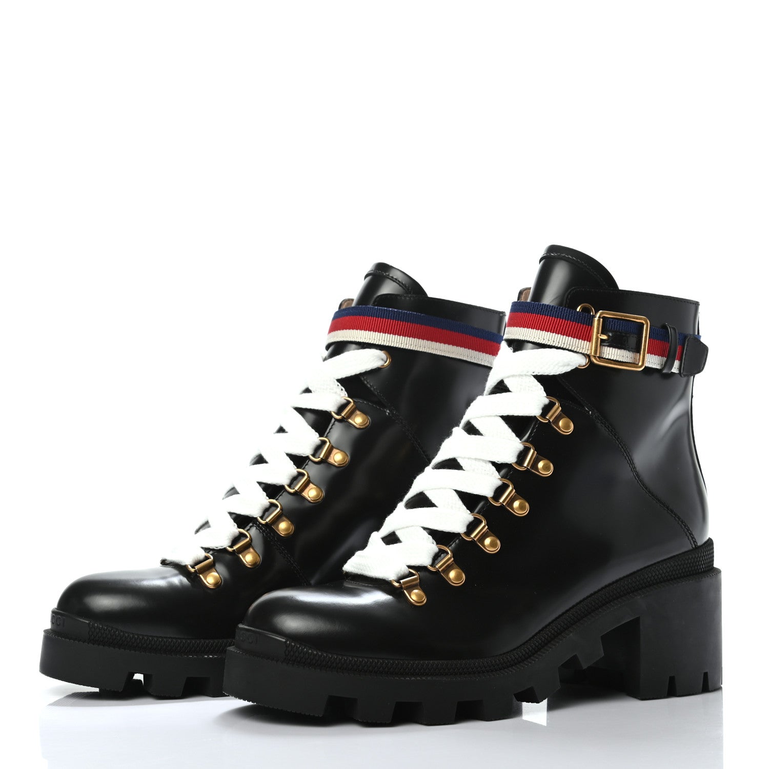 Gucci Calfskin Sylvie Web Lace Up Combat Boots 38.5 Black 3 of 7