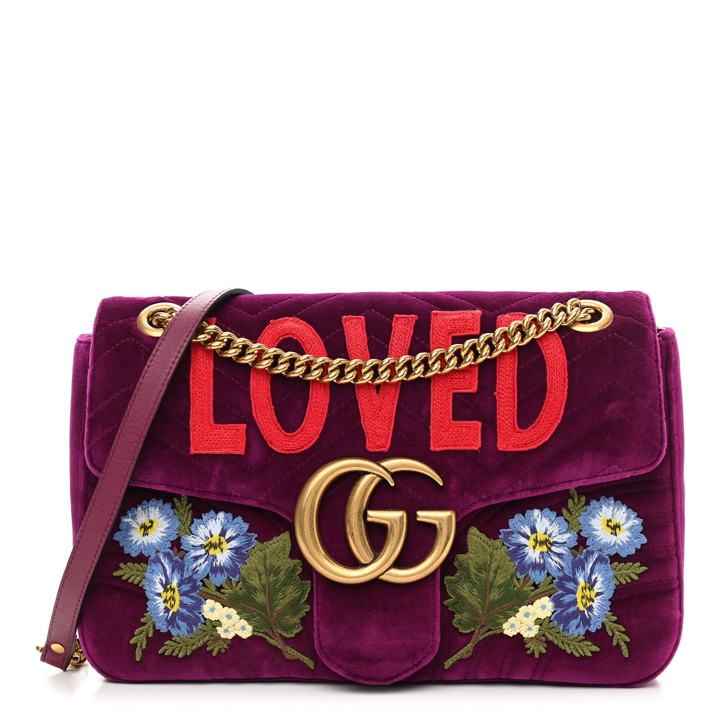 Velvet Matelasse Loved Embroidered Medium GG Marmont Shoulder Bag Fuchsia Violet Cyclamen