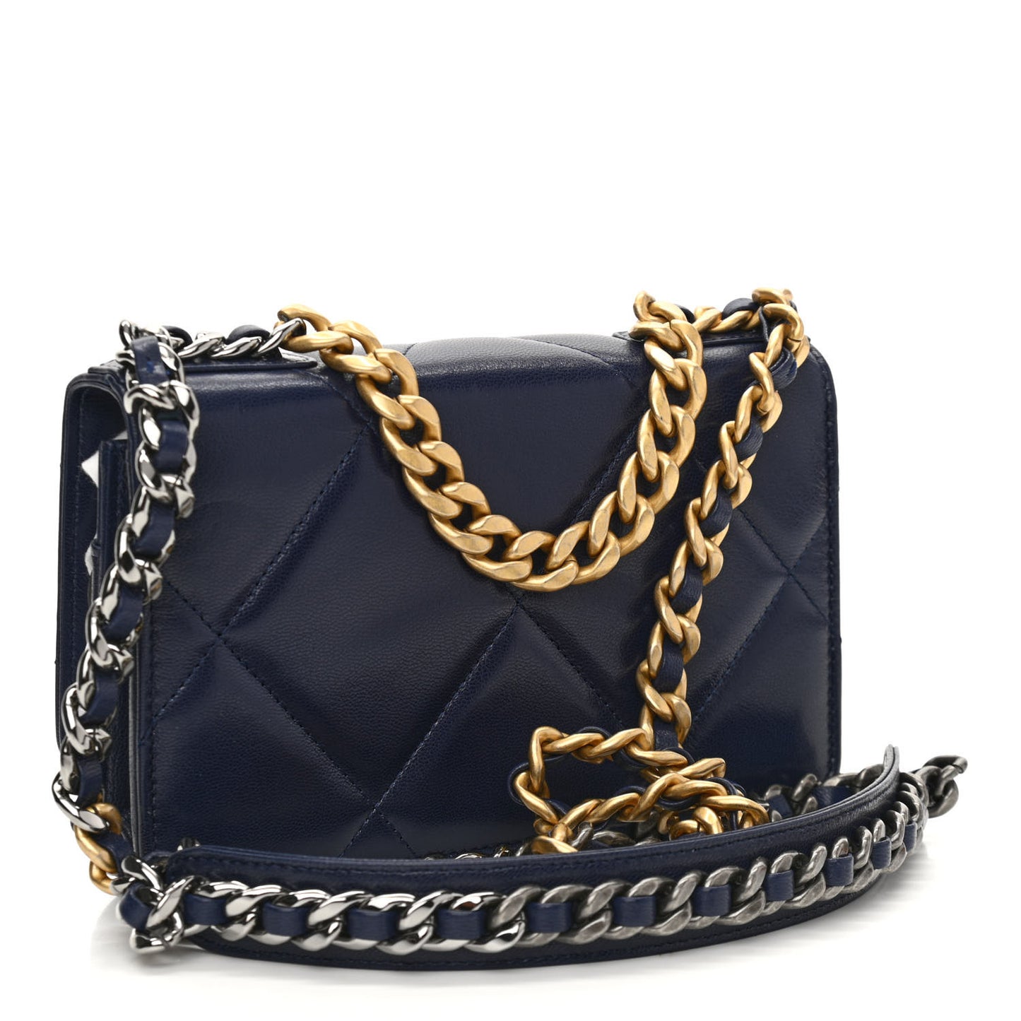 Shiny Goatskin Quilted Chanel 19 Wallet On Chain WOC Dark Blue