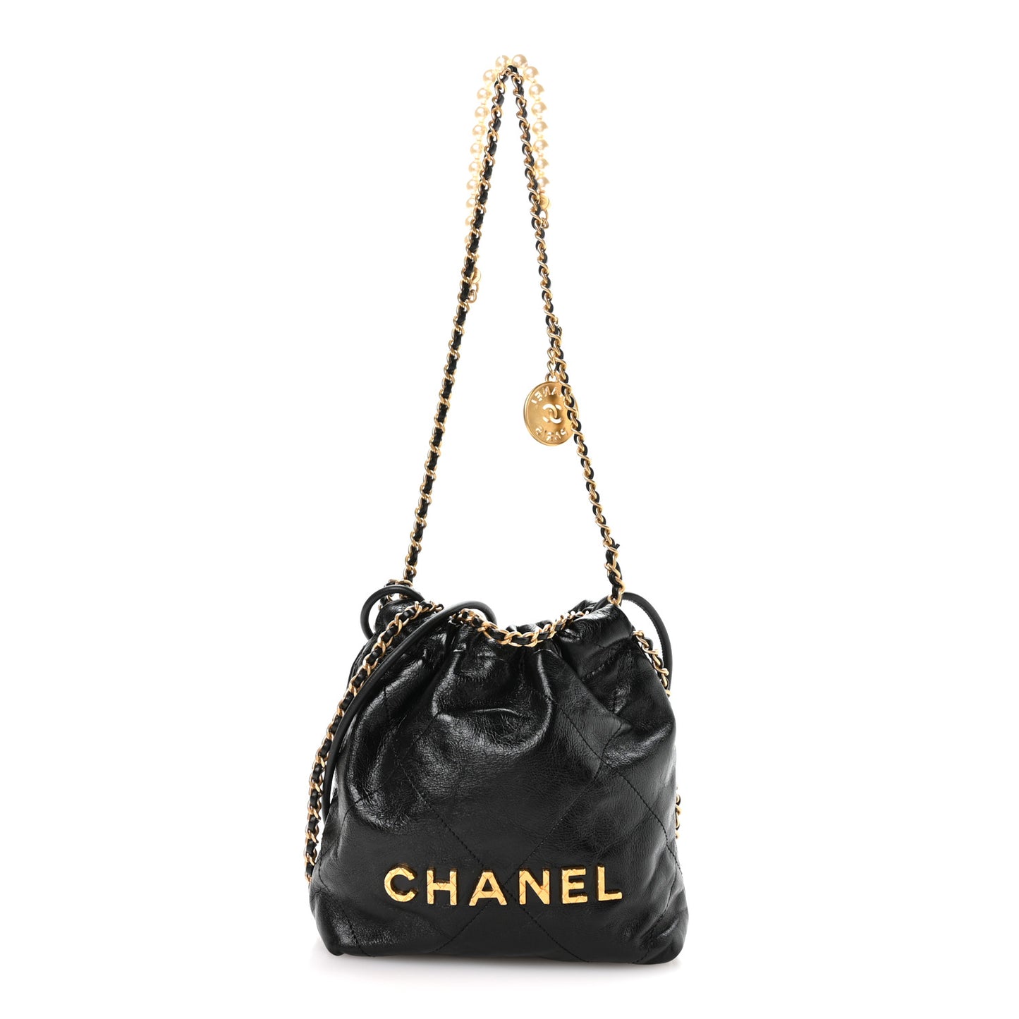 Shiny Crumpled Calfskin Quilted Pearl Mini Chanel 22 Black