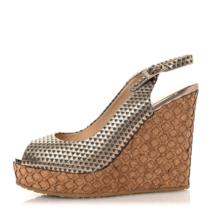 Jimmy Choo Metallic Embossed Calfskin Pacific 120mm Peep-Toe Cork Wedge Sandal 36 Gold 1 of 12