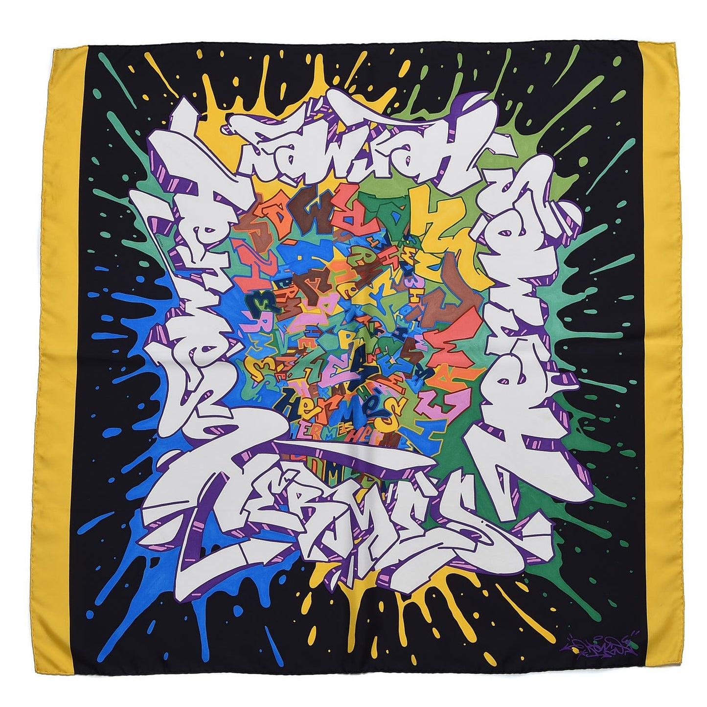 Silk Graff Graffiti Scarf 90 Noir Blanc Jaune Vif