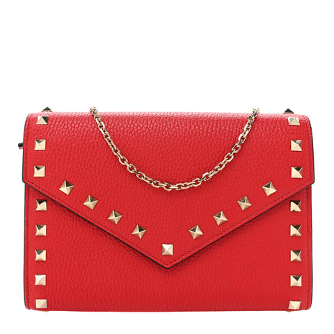 Pebbled Calfskin Rockstud Envelope Wallet on Chain Rouge Pur