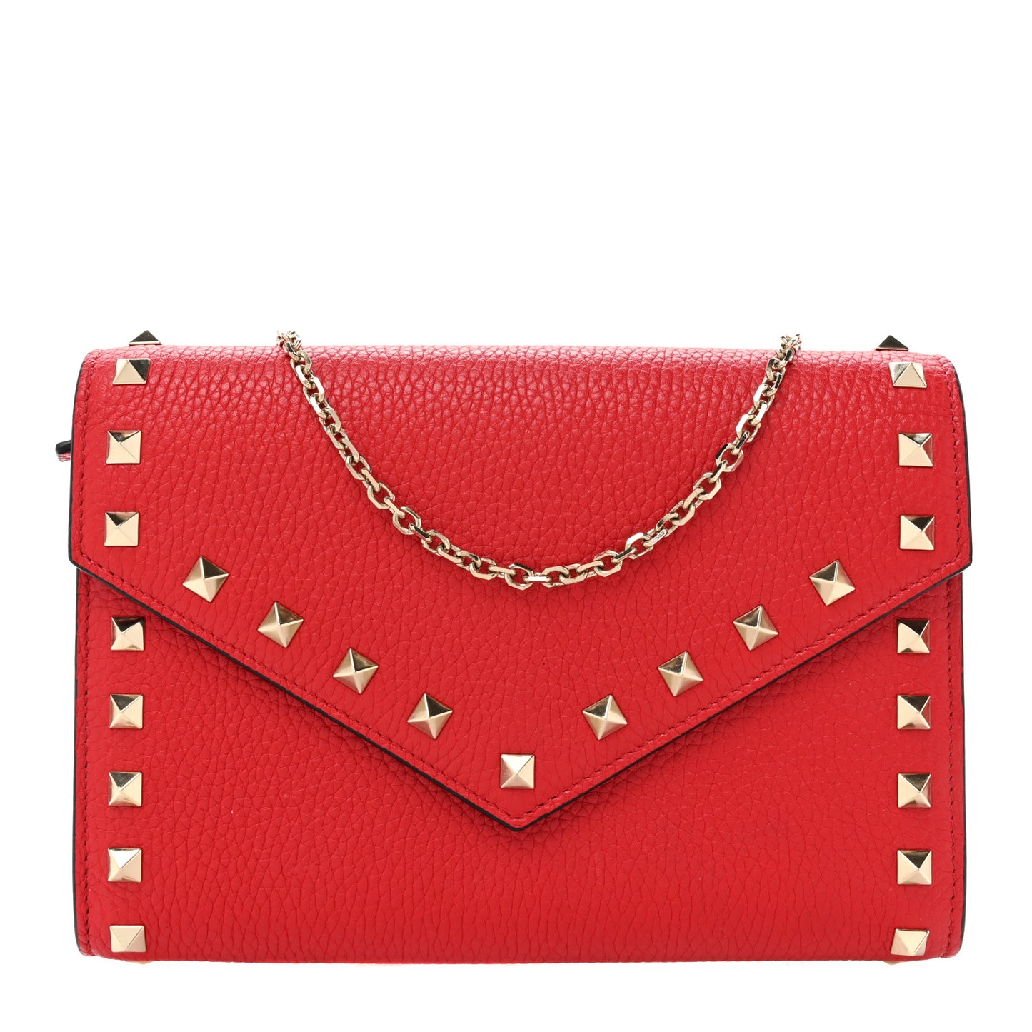 Pebbled Calfskin Rockstud Envelope Wallet on Chain Rouge Pur