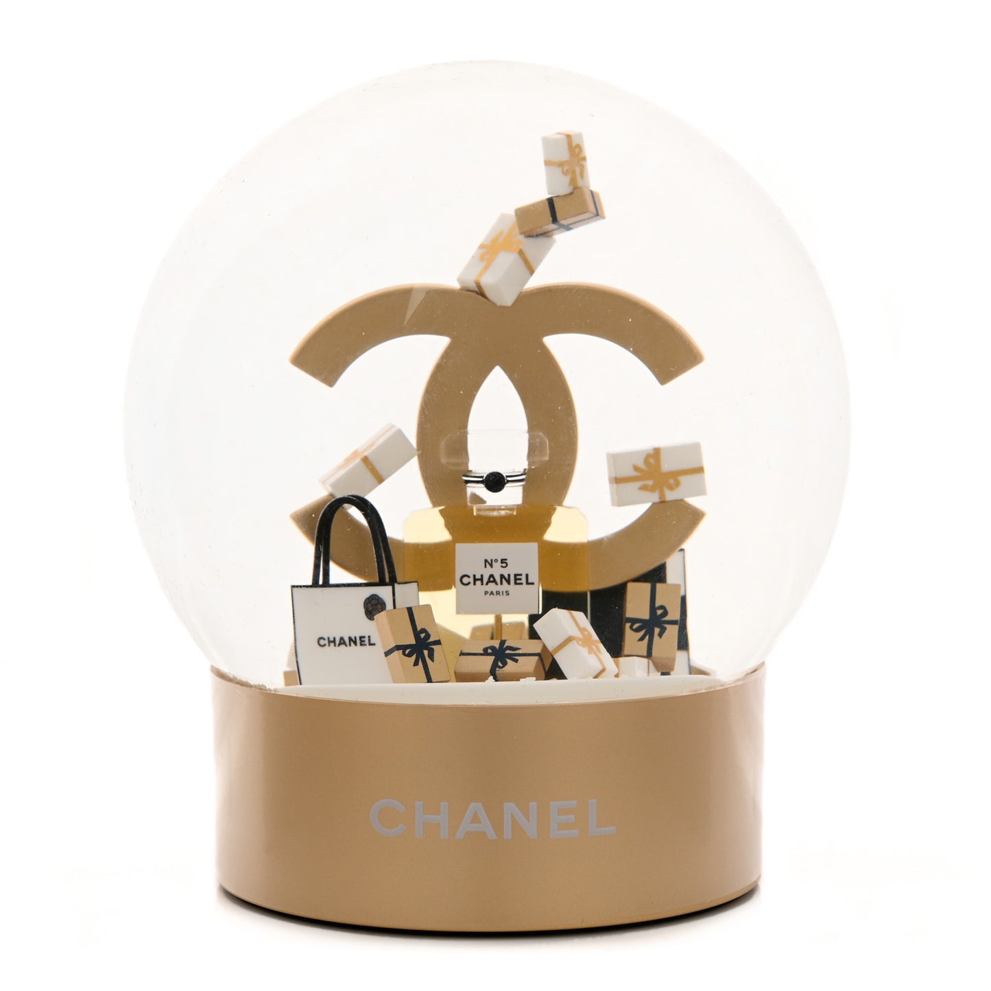 Glass CC Shopping Bag Snow Globe Gold