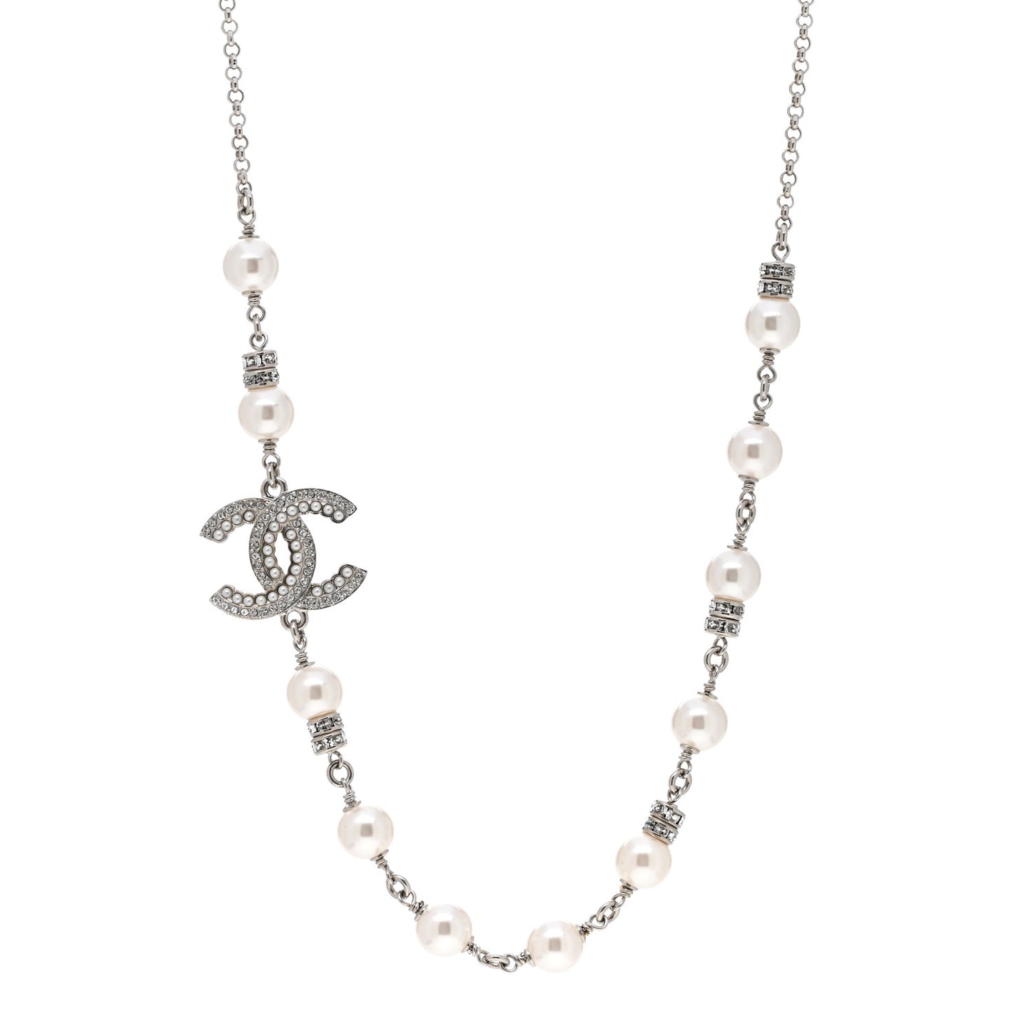 Pearl Crystal CC Necklace Silver