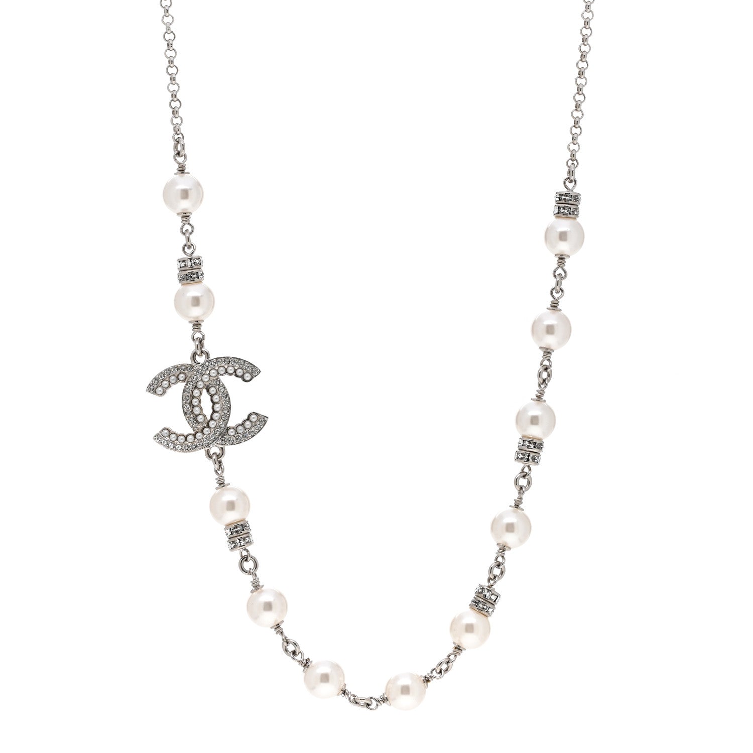 Chanel Pearl Crystal CC Necklace Silver 1 of 7