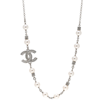 Chanel Pearl Crystal CC Necklace Silver 1 of 7