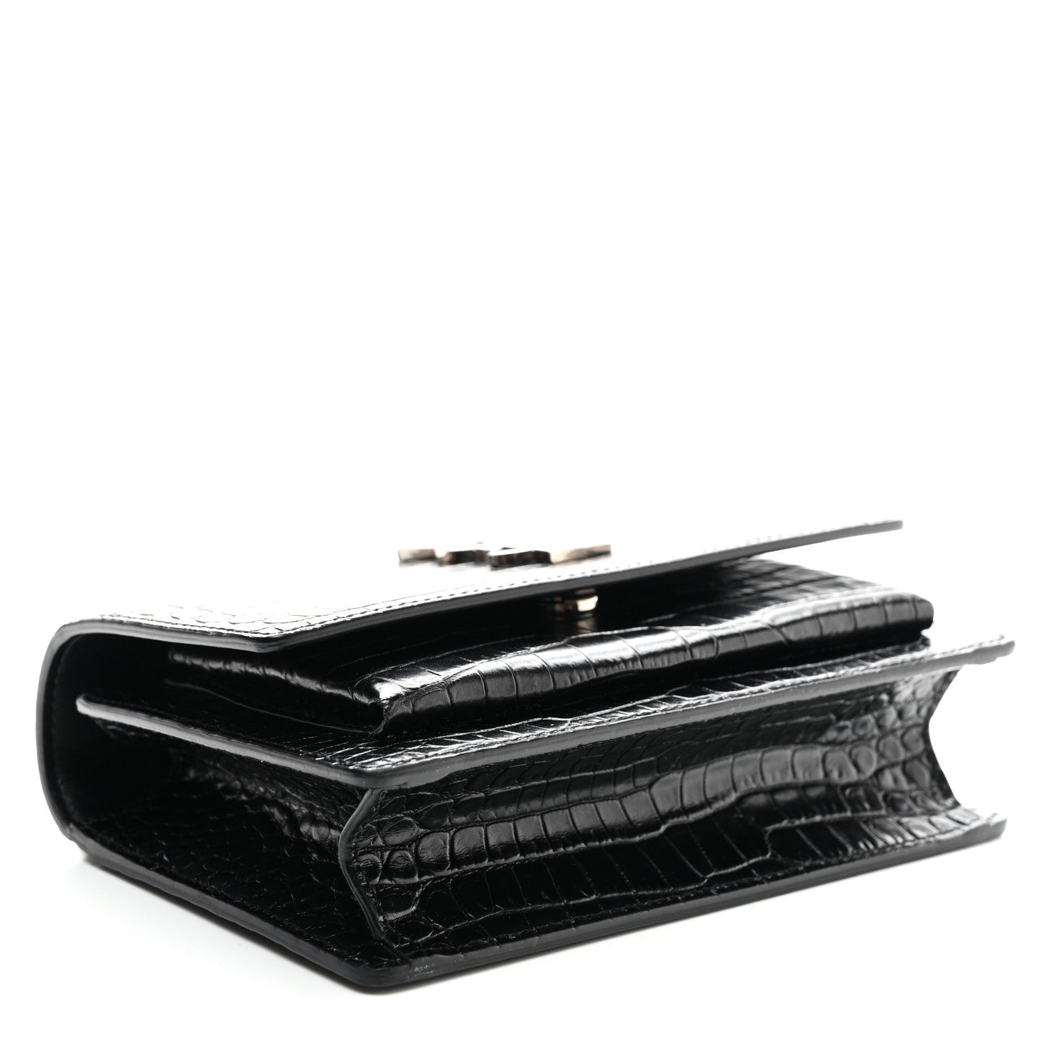Saint Laurent Calfskin Crocodile Embossed Monogram Sunset Chain Wallet Black 3 of 9