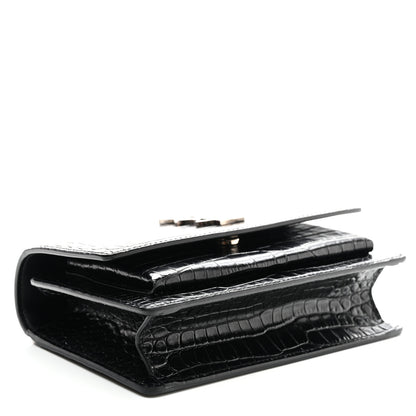 Saint Laurent Calfskin Crocodile Embossed Monogram Sunset Chain Wallet Black 3 of 9