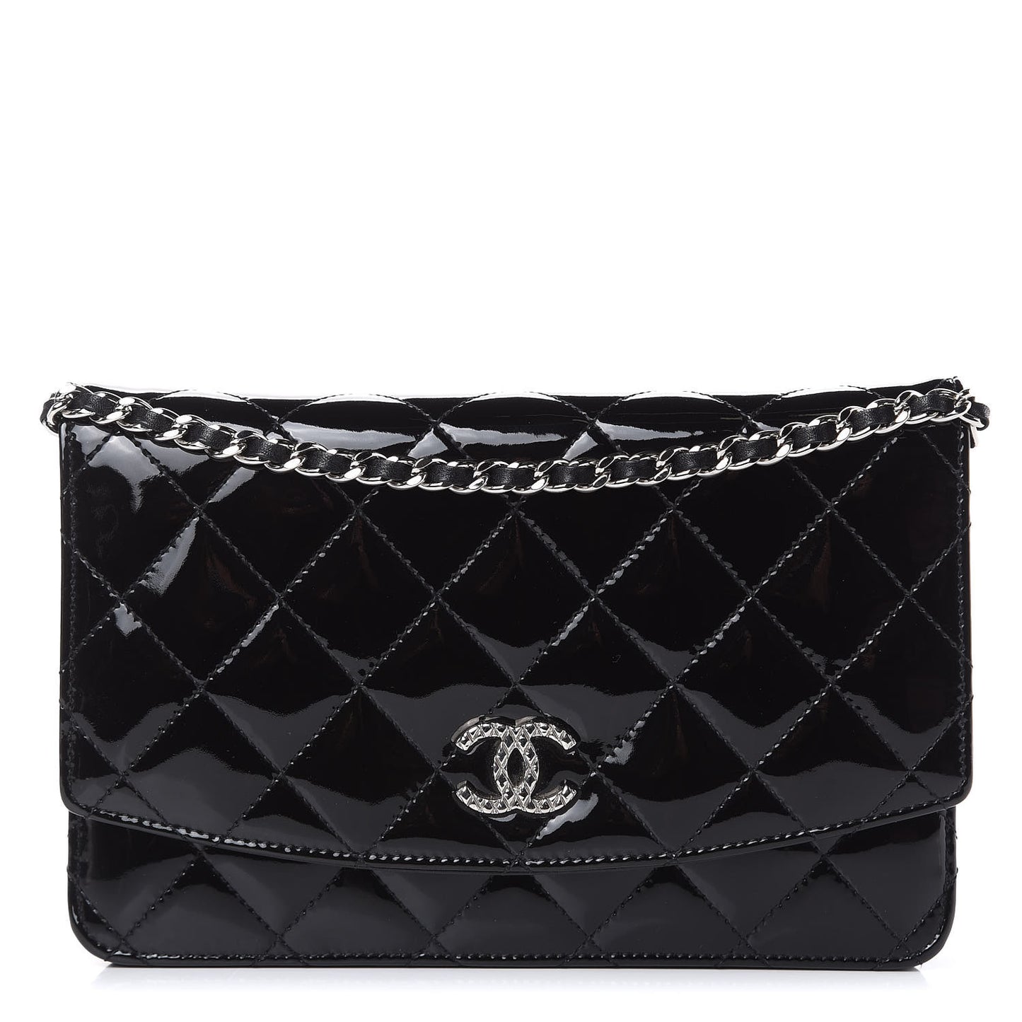 Patent Quilted Brilliant Wallet On Chain WOC Black