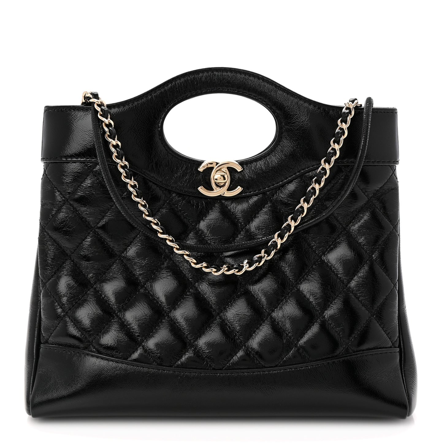 Shiny Crumpled Calfskin Quilted Mini 31 Shopping Bag Black