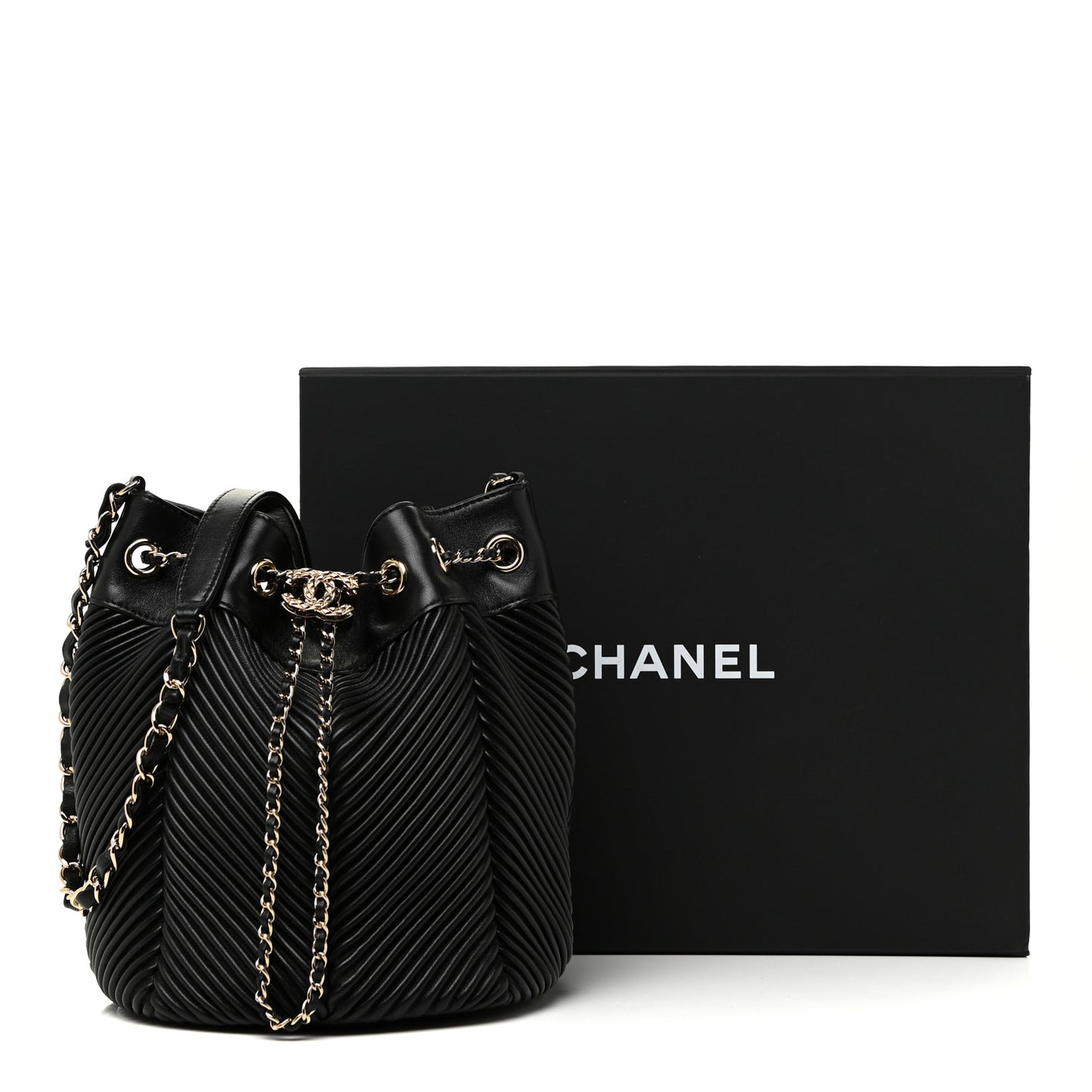 Lambskin Chevron Drawstring Bag Black