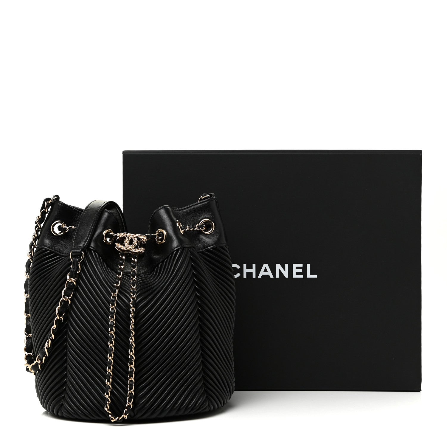 Chanel Lambskin Chevron Drawstring Bag Black 13 of 13