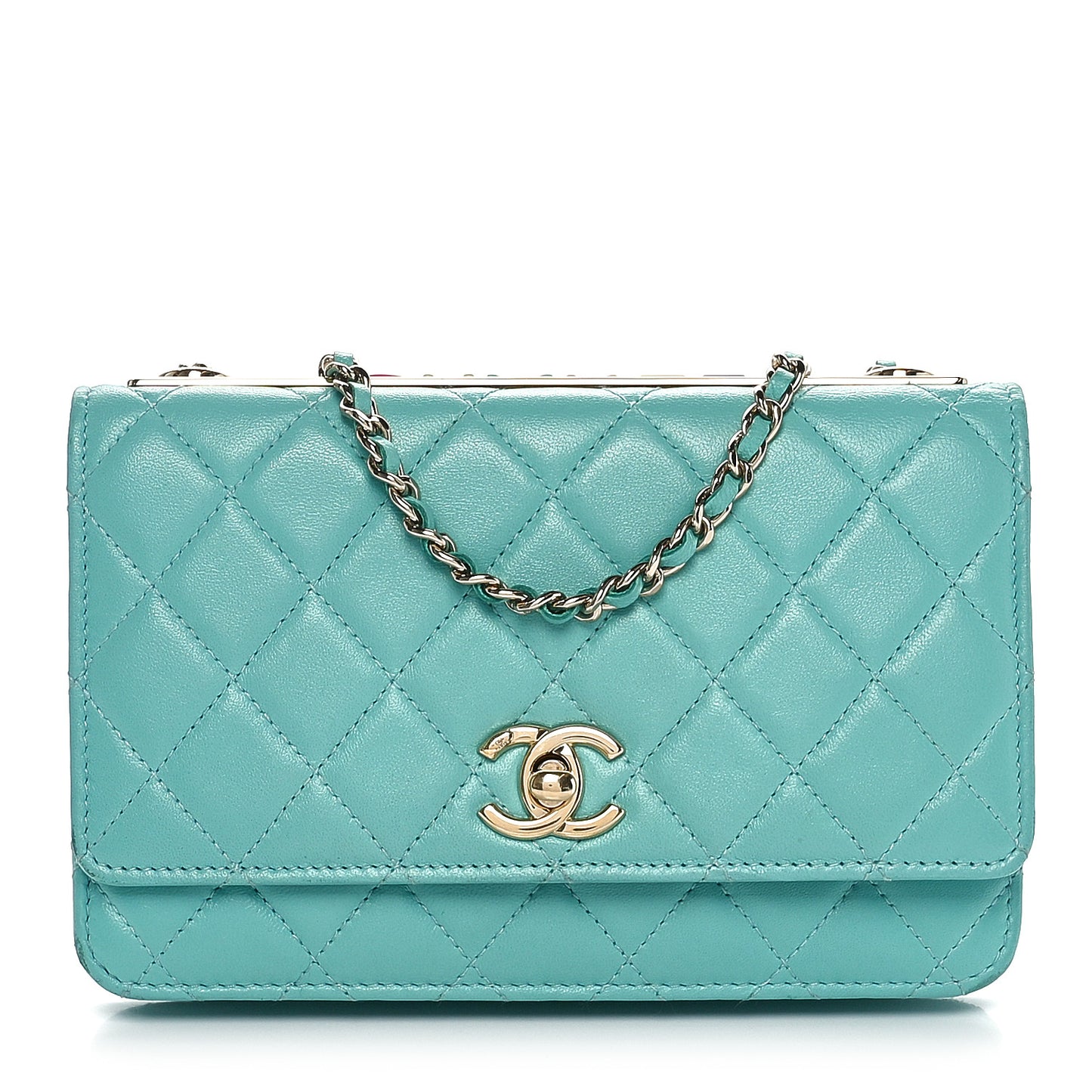 Lambskin Quilted Trendy CC Wallet On Chain WOC Turquoise
