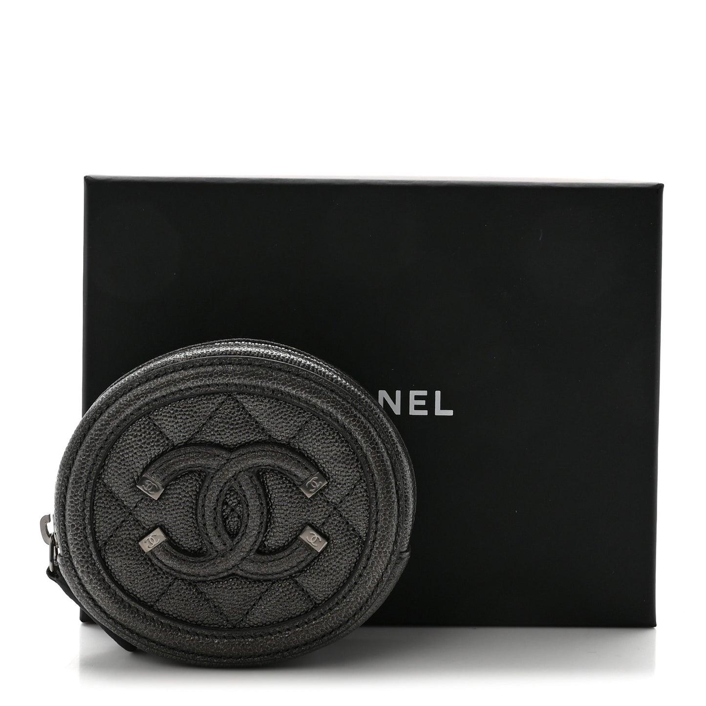 Metallic Caviar Quilted Filigree Zip Around Classic Coin Purse Dark Silver