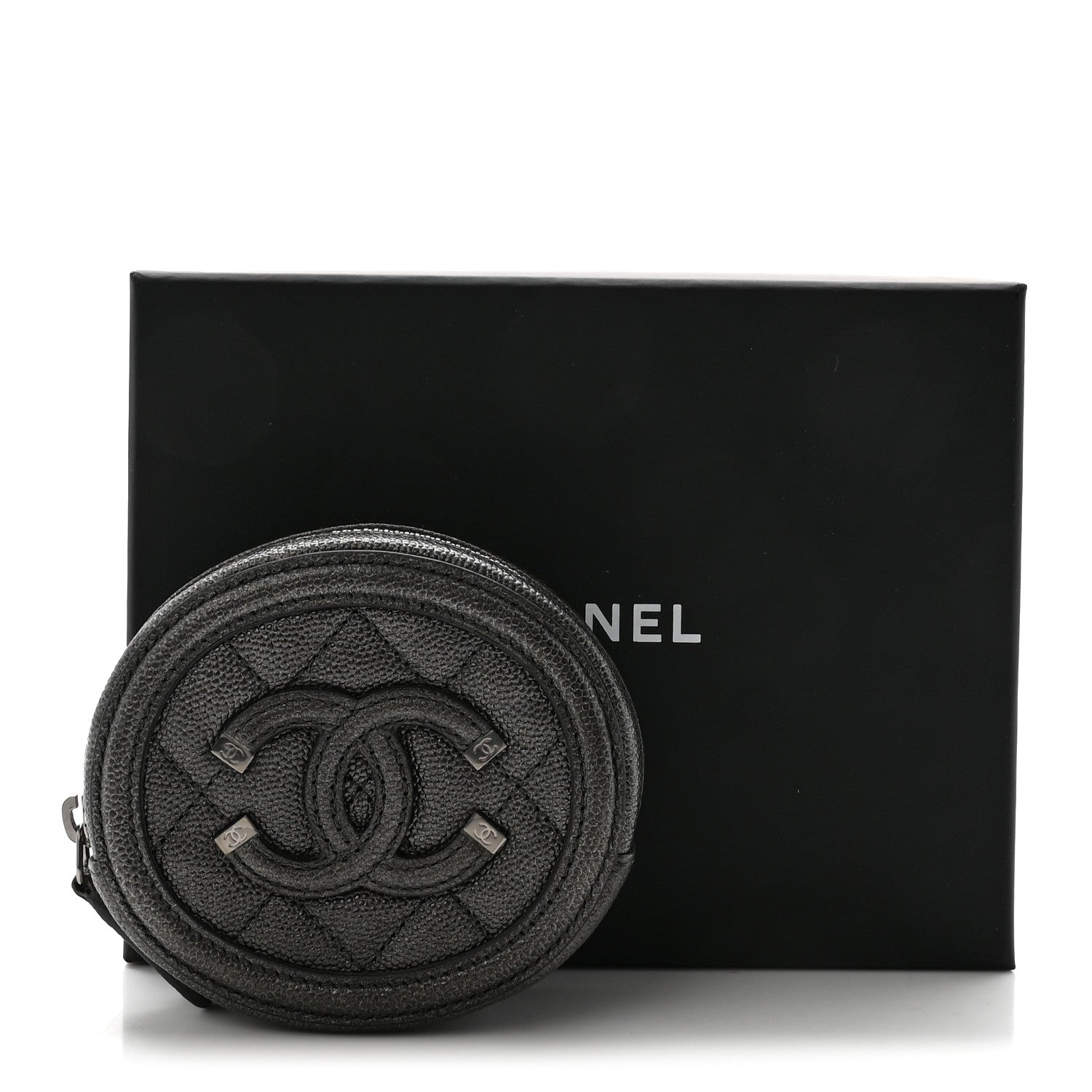 Chanel Metallic Caviar Quilted Filigree Zip Around Classic Coin Purse Dark Silver 8 of 8