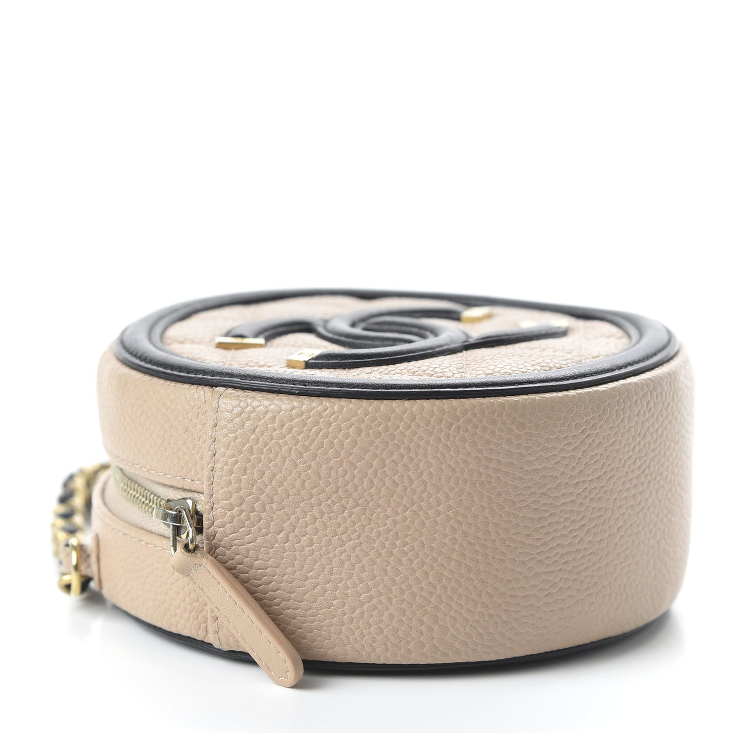 Caviar Quilted Round Filigree Crossbody Beige Black