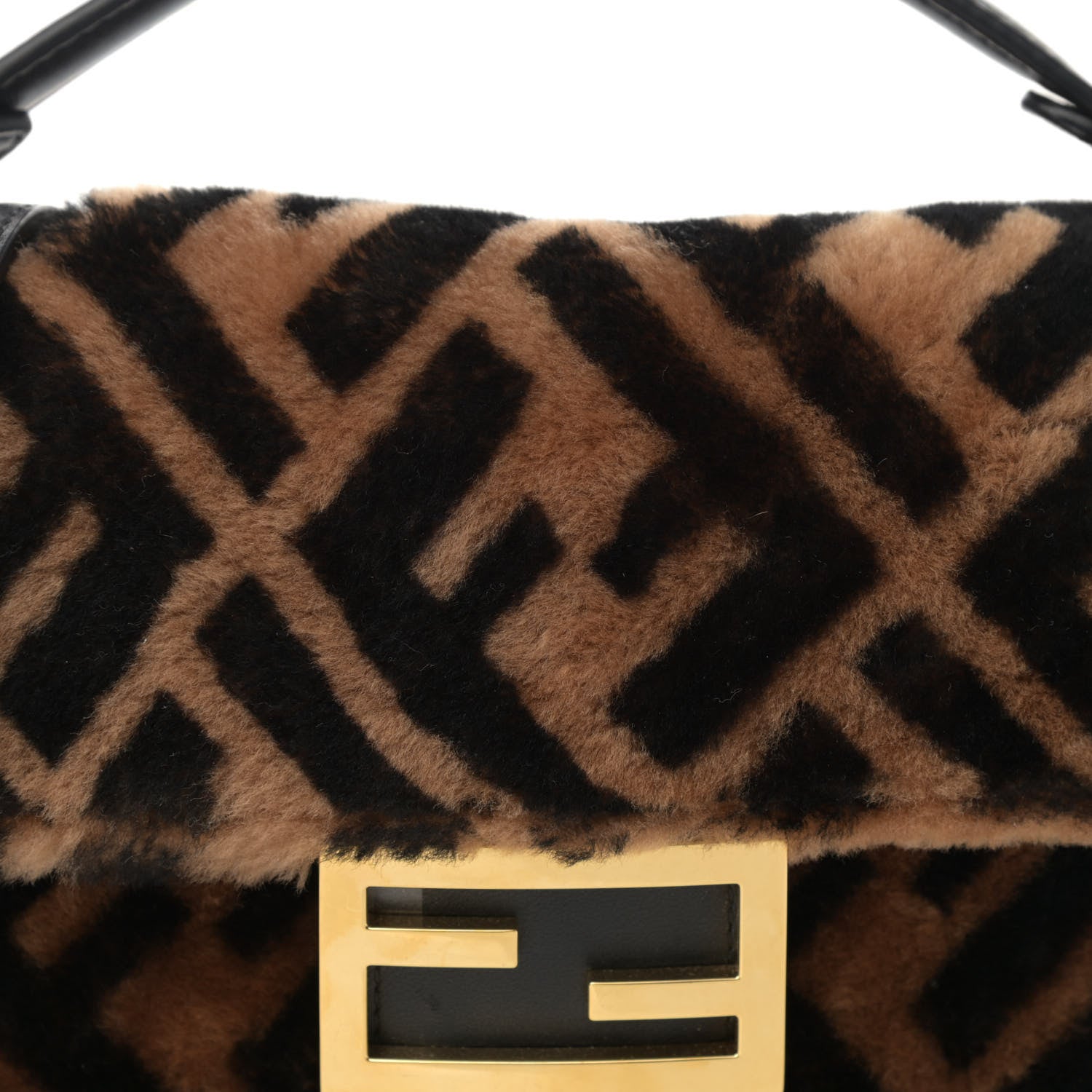 Fendi Shearling Vitello Dolce Macro FF 1974 Mini Baguette Tobacco Black 9 of 11