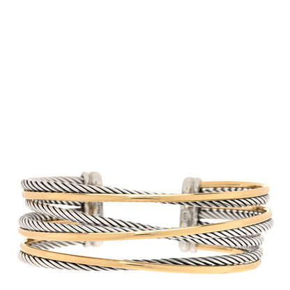 David Yurman Sterling Silver 18K Yellow Gold 21mm Four Row Crossover Cuff Bracelet 1 of 3