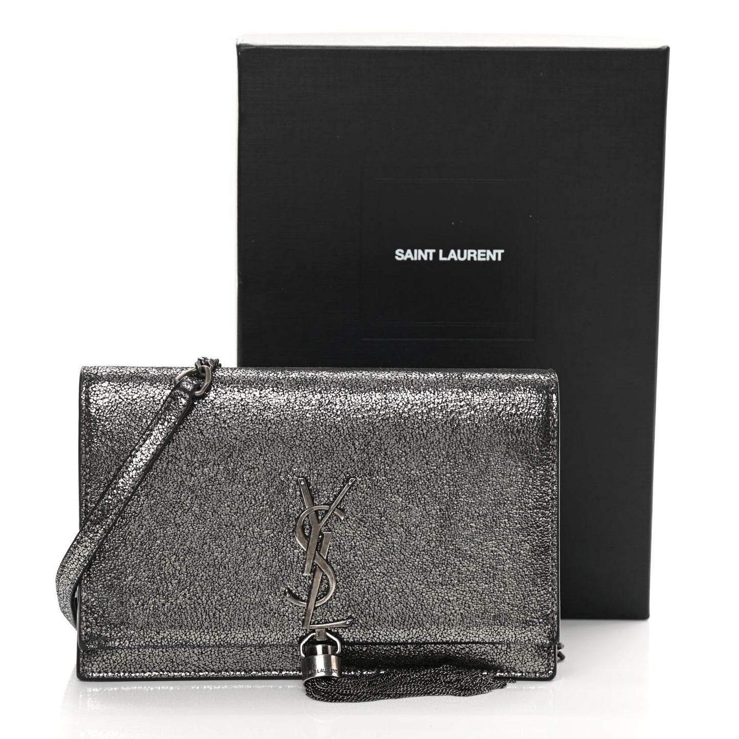 Metallic Calfskin Classic Monogram Kate Tassel Chain Wallet Gun Metal