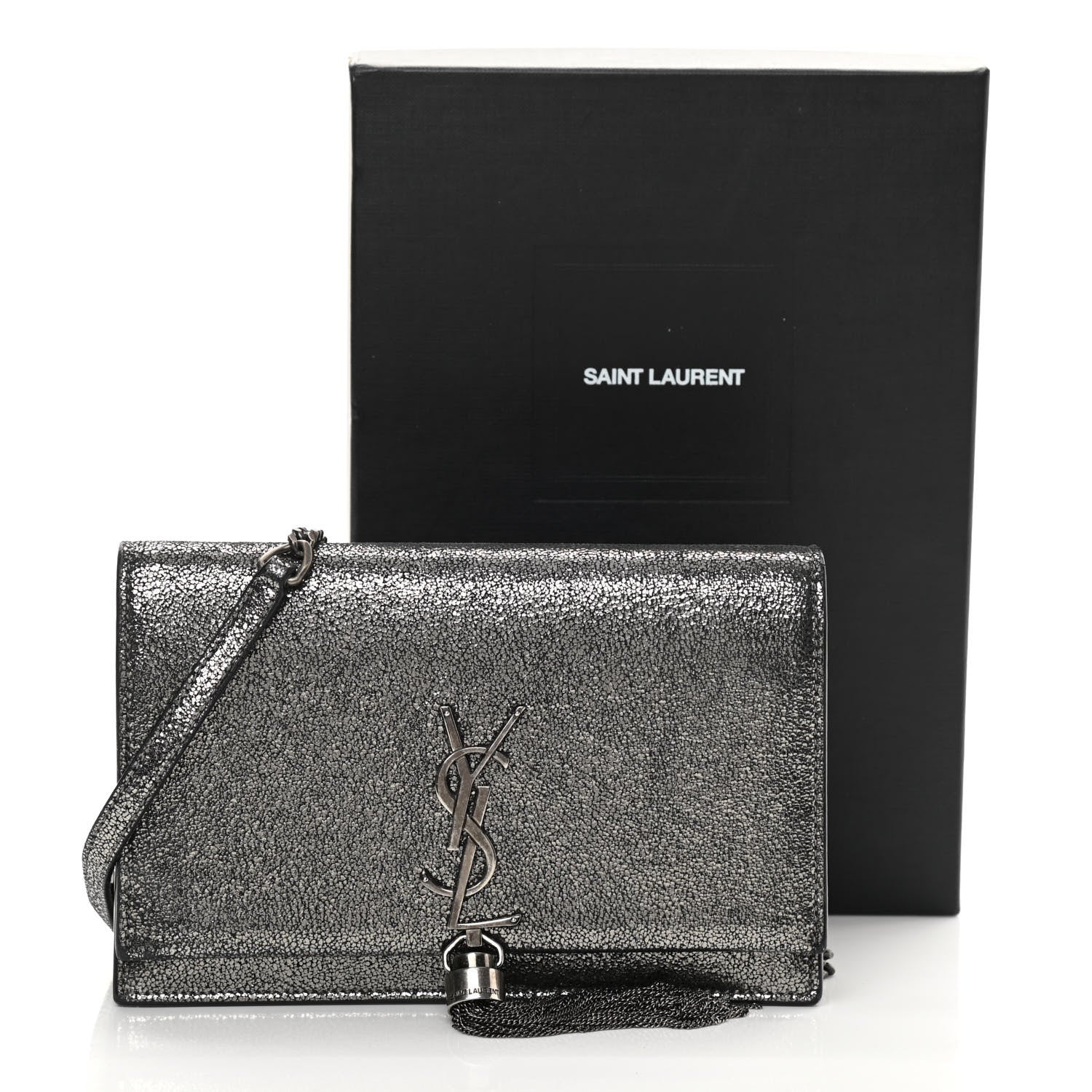 Saint Laurent Metallic Calfskin Classic Monogram Kate Tassel Chain Wallet Gun Metal 17 of 17