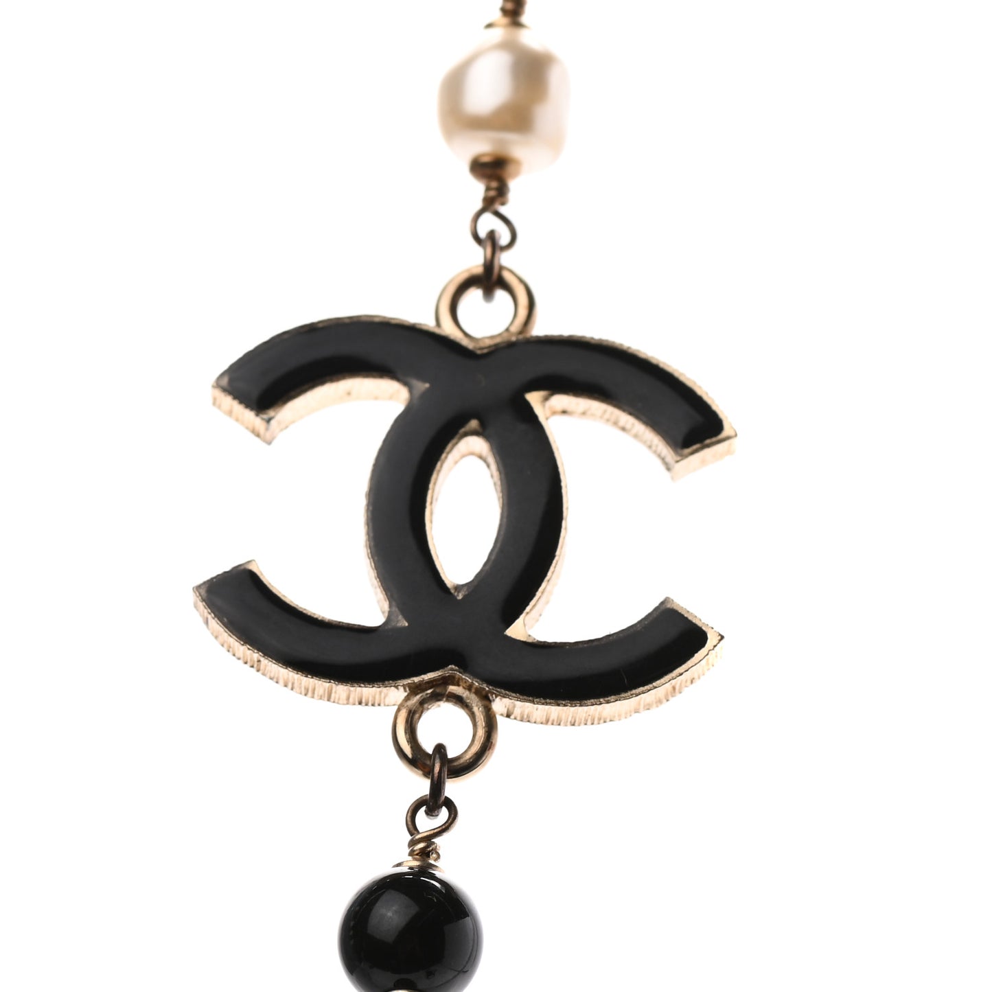 Pearl Bead Enamel CC Long Necklace Black Light Gold